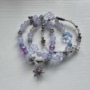 Hand Beaded Artisan Crystal Bracelet Stack Purple Silver Butterfly Flower